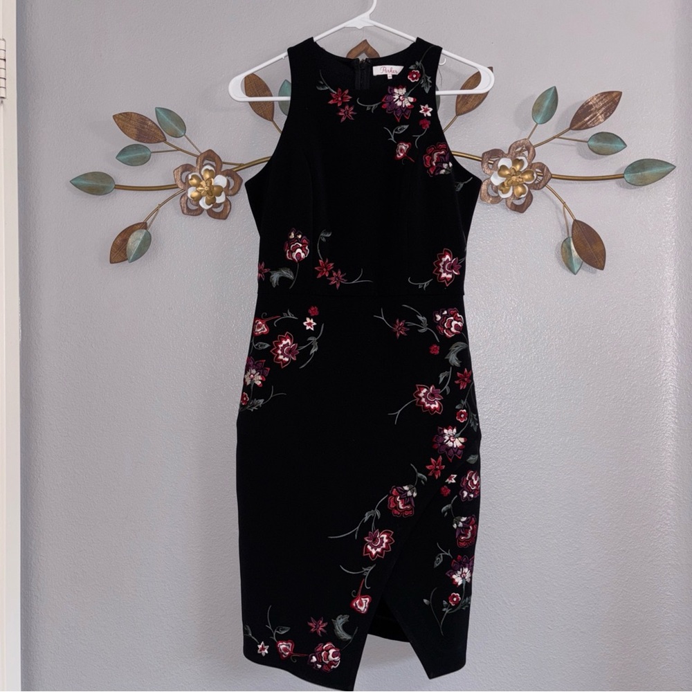 Parker Womens Size XS Coraline Black Floral Embroidered Sheath Dress